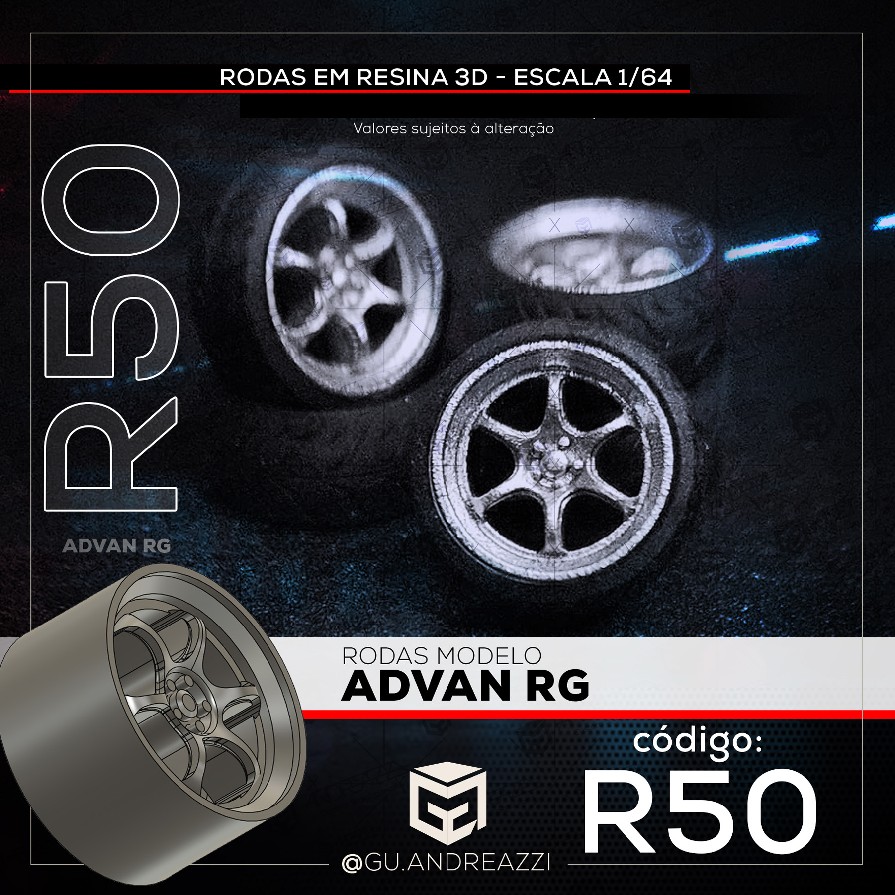 R50 - Advan RG - Rodas 3D para 1/64 - Andreazzi Custom Works