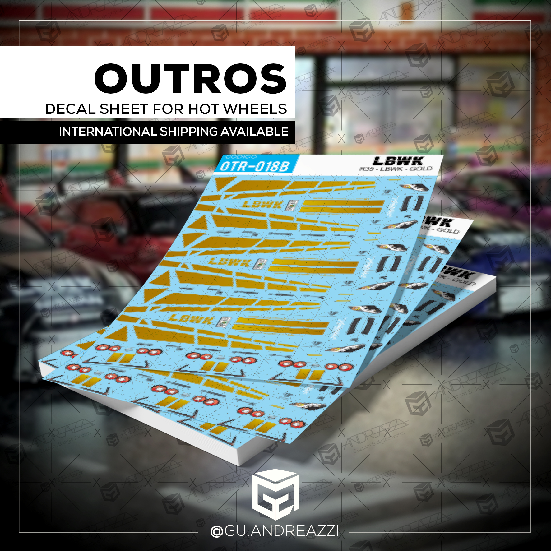 OTR018B - R35 - LBWK - amarelo - Decal 1/64 - Andreazzi Custom Works